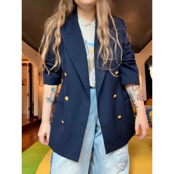 Vintage Navy Blue Wool Oversized Double Breasted Blazer- Size L/XL, Preppy - Picture 8 of 8
